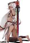  1girl altera_(fate) arm_up ass bangs barefoot black_nails black_panties blunt_bangs dark_skin detached_sleeves fate/extella fate/extra fate/grand_order fate_(series) from_side grey_hair highres holding holding_sword holding_weapon kneeling leg_warmers long_hair midriff mugcup nail_polish panties red_eyes ribs simple_background skinny solo strapless sword tattoo tubetop underwear veil weapon white_background 