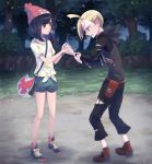  1boy 1girl bare_legs beanie black_hair blonde_hair blue_eyes commentary_request female_protagonist_(pokemon_sm) forest full_body gladio_(pokemon) green_eyes hair_over_one_eye hand_holding hat hood hoodie karo_karo nature open_mouth outdoors plant pokemon pokemon_(game) pokemon_sm red_hat shirt short_hair short_sleeves t-shirt 