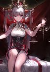  1girl balance_scale bangs breasts capelet dress expressionless gown headdress holding irua justice_(tarot_card) large_breasts long_hair looking_at_viewer original red_eyes red_ribbon ribbon silver_hair sitting solo tarot thigh_strap weighing_scale 