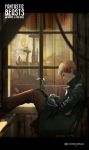  1boy artist_name bird brown_hair cactus chair closed_eyes coat copyright_name fantastic_beasts_and_where_to_find_them jippei leaf male_focus newt_scamander rock sitting window 