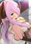  1girl arms_at_sides bare_shoulders black_gloves blue_eyes braid breast_rest breasts cleavage commentary_request doraf dress elbow_gloves from_above gloves granblue_fantasy hair_over_one_eye hair_over_shoulder highres horns kanzaki_kureha large_breasts lavender_hair lips long_hair looking_at_viewer narumeia_(granblue_fantasy) open-back_dress open_mouth perspective sideboob sidelocks single_braid table tongue white_dress 