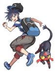  1boy backpack bag baseball_cap black_hair black_hat capri_pants grey_eyes hat holding holding_poke_ball litten looking_at_viewer looking_back male_focus male_protagonist_(pokemon_sm) pants poke_ball pokemon pokemon_(creature) pokemon_(game) pokemon_sm shirt short_hair simple_background solo spiky_hair striped striped_shirt t-shirt white_background yapo_(croquis_side) z-ring 