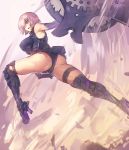  &gt;:( 1girl armor armored_boots armored_dress armpits ass bangs bare_shoulders black_panties boots breasts commentary_request dress elbow_gloves eyebrows_visible_through_hair eyes_visible_through_hair fate/grand_order fate_(series) from_side gloves hair_over_one_eye high_heel_boots high_heels large_breasts lavender_eyes lavender_hair looking_away melon22 panties parted_lips purple_gloves shield shielder_(fate/grand_order) short_dress solo thick_thighs thigh_strap thighs underwear 