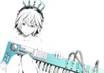  1girl bangs cable collarbone female fingernails grey_eyes headphones instrument keyboard keyboard_(instrument) looking_at_viewer monochrome original parted_lips partially_colored sawasawa short_hair simple_background sitting solo white_background white_nails white_skin 