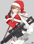  1girl ;d anti-materiel_rifle bangs barrett_m82 blush bow brown_eyes brown_hair capelet christmas copyright_name eyebrows_visible_through_hair from_side fur_trim gloves grey_background grey_skirt gun hair_between_eyes hair_ornament handgun hands_up hat logo long_sleeves looking_at_viewer military one_eye_closed open_mouth pantyhose pistol pleated_skirt pointing pointing_up red_bow red_gloves rick_g_earth rifle sack santa_costume santa_hat scarf short_hair shuuichi sig_sauer_p220 skirt sling smile sniper_rifle solo thighs trigger_discipline watermark weapon white_legwear white_scarf x_hair_ornament 