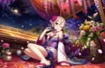  1girl cherry_blossoms clouds cloudy_sky dress fan flower garden hair_ornament idolmaster idolmaster_cinderella_girls idolmaster_cinderella_girls_starlight_stage incense japanese_clothes jewelry kimono moon necklace night official_art one_eye_closed outdoors plant potted_plant sandals shiomi_shuuko short_hair silver_hair sky solo strapless strapless_dress vase 
