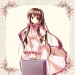  1girl bow brown_eyes brown_hair dress hair_bow holding long_hair original solo striped striped_bow zi_se 