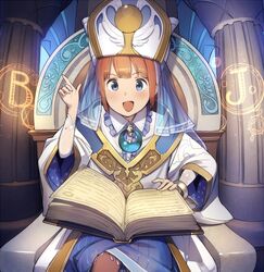  1girl :d bangs blue_eyes book bracelet brown_hair center_frills crescent crown frilled_shirt_collar frills index_finger_raised jewelry open_book open_mouth original pillar robe sitting smile solo tarot tetsuo_(amenohutikoma) the_high_priestess throne veil 