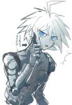  /\/\/\ 1boy android armor_removed blue_eyes dangan_ronpa hand_on_own_chin harunotano keebo looking_at_viewer male_focus new_dangan_ronpa_v3 open_mouth silver_hair simple_background solo upper_body white_background white_skin 