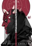  1boy bald copyright_name darth_maul energy_sword facial_mark hood horns kayoubi088 red_skin solo star_wars star_wars:_the_force_awakens sword teeth weapon white_background yellow_eyes 