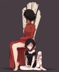  2girls bandage black_hair bruise cinder_fall collar collarbone cuts dress gradient_hair highres injury multicolored_hair multiple_girls panties redhead ruby_rose rwby scar scratches short_hair torn_clothes two-tone_hair underwear yancon 