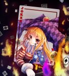  1girl american_flag_dress arm_support bangs blonde_hair breasts card checkered checkered_hat clownpiece clubs_(playing_card) fur_trim hat heart jester_cap joker long_hair looking_at_viewer medium_breasts neck_ruff playing_card red_eyes smile solo spades_(playing_card) star star_print striped touhou upper_body z.o.b 