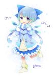  1girl :d alternate_costume ankle_boots beige_boots blue_bow blue_coat blue_eyes blue_hair blue_mittens blue_skirt blush boots bow cirno detached_wings eyebrows_visible_through_hair full_body hair_bow highres ice ice_wings leg_up long_sleeves looking_at_viewer matching_hair/eyes mittens musical_note open_mouth pocket quaver running scarf short_hair simple_background skirt smile solo striped striped_scarf tareme touhou translation_request uta_(kuroneko) white_background wings winter_clothes younger 