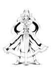  1girl armor armored_dress crossover european_clothes excalibur fate_(series) greyscale hair_ornament infinite_stratos long_hair looking_at_viewer monochrome open_mouth saber shinonono_houki solo solo_focus sword twintails weapon white_background yuuki_homura 