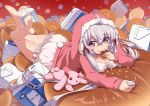  1girl ahoge animal_hood bare_legs barefoot bloomers blush breasts bunny_hood cleavage closed_mouth commentary commentary_request crumbs eating food full_body hair_ribbon hood hoodie large_breasts lavender_hair long_hair looking_at_viewer lying milk_carton on_stomach oversized_object pajamas pillow ribbon senki_zesshou_symphogear shiny shiny_hair shiny_skin solo straw stuffed_animal stuffed_bunny stuffed_toy twintails uganda underwear violet_eyes yukine_chris 