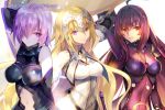  3girls armor astarone blonde_hair blue_eyes breasts fate/apocrypha fate/grand_order fate_(series) gauntlets hair_over_one_eye headpiece holding holding_weapon long_hair looking_at_viewer multiple_girls purple_hair red_eyes ruler_(fate/apocrypha) scathach_(fate/grand_order) shielder_(fate/grand_order) smile weapon 