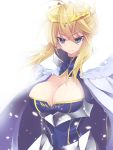  1girl armor armored_dress artoria_pendragon_lancer_(fate/grand_order) blonde_hair blush breasts cape cleavage crown dress fate/grand_order fate_(series) gloves green_eyes large_breasts long_hair looking_at_viewer no_bra saber seductive_look shiny shiny_clothes shiny_hair smile upper_body 