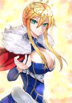  1girl absurdres armor armored_dress artoria_pendragon_lancer_(fate/grand_order) blonde_hair blush breasts cape cleavage crown dress fate/grand_order fate_(series) gloves green_eyes highres large_breasts long_hair looking_at_viewer no_bra saber shiny shiny_clothes shiny_hair smile tagme upper_body 