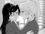  2girls ayase_eli blazer eye_contact face-to-face halftone highres hug jacket lilylion26 long_hair long_sleeves looking_at_another love_live! love_live!_school_idol_project monochrome multiple_girls open_mouth ponytail signature sonoda_umi tears upper_body wiping_tears yuri 