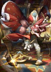  &gt;:) animal_ears bangs blue_eyes blunt_bangs boots chains claws denchou furry glint highres original paws pink_hair pope rabbit_ears robe sidelocks solo staff star star_print tarot the_hierophant wide_sleeves 