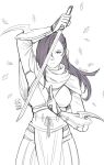  1girl arm_blade arm_up armor breasts female fire_emblem fire_emblem_if hair_over_one_eye kagerou_(fire_emblem_if) leaf long_hair looking_at_viewer monochrome ninja plant ponytail purple_hair reverse_grip rope smile solo spot_color sword ticcy weapon white_background 