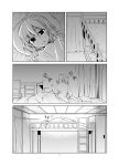  1girl alternate_costume alternate_hairstyle bed bunk_bed chair chest_of_drawers comic commentary_request cupboard curtains desk eyebrows_visible_through_hair greyscale hair_down hoshino_souichirou indoors kantai_collection ladder looking_at_viewer lying monochrome motion_lines on_back on_side parted_lips pillow shiranui_(kantai_collection) shirt short_hair short_sleeves silent_comic under_covers 