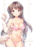  1girl breasts brown_hair cleavage hair_ornament hairclip long_hair looking_at_viewer off_shoulder one_side_up original petals solo strap_slip suihi underwear violet_eyes 