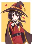  1girl :d black_gloves black_hair cape collar dress fingerless_gloves gloves hat highres index_finger_raised koi_dance kono_subarashii_sekai_ni_shukufuku_wo! looking_at_viewer megumin open_mouth red_dress red_eyes rko_(a470350510) short_hair short_hair_with_long_locks smile solo witch_hat 