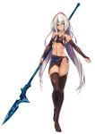  1girl absurdres baffu blue_eyes breasts dark_skin garter_straps heterochromia highres holding holding_weapon long_hair looking_at_viewer midriff navel original polearm silver_hair solo spear thigh-highs violet_eyes weapon 