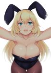  1girl animal_ears armpits atago_(kantai_collection) bare_shoulders blonde_hair blush breasts brown_legwear bunny_girl bunnysuit cossory cowboy_shot fake_animal_ears green_eyes highres kantai_collection large_breasts leaning_forward leotard long_hair looking_at_viewer open_mouth outstretched_arms pantyhose rabbit_ears smile solo thigh_gap 