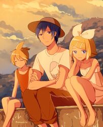  1girl 2boys barefoot blonde_hair blue_eyes blue_hair bored bow calm closed_eyes collarbone crossed_arms dress evening expressionless eyebrows eyebrows_visible_through_hair hair_ornament hairclip hand_on_own_face hat hill kagamine_len kagamine_rin kaito multiple_boys nokuhashi outdoors shirt short_hair shorts sitting sleeveless sleeveless_dress sun_hat sundress sunset thighs vocaloid white_dress 