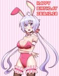  1girl ahoge animal_ears armband bare_shoulders birthday black_legwear blush breast_hold breasts bunnysuit cleavage collarbone crossed_arms dated fake_animal_ears golden_nabe hair_ribbon happy_birthday large_breasts lavender_hair long_hair looking_at_viewer necktie open_mouth rabbit_ears ribbon senki_zesshou_symphogear shiny shiny_hair shiny_skin solo standing teeth thigh-highs twintails violet_eyes wrist_cuffs yukine_chris 