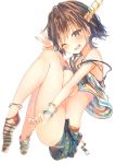 1girl ;d ankle_socks bangs bead_bracelet beads blush bracelet breasts brown_eyes brown_hair camisole full_body hiei_(kantai_collection) jewelry kantai_collection knees_up large_breasts looking_at_viewer one_eye_closed open_mouth remodel_(kantai_collection) shirt_lift short_hair short_shorts shorts simple_background smile solo strap_slip striped striped_legwear suneo teeth v white_background wristband 
