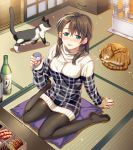  1girl alcohol animal arm_support bangs beans black_legwear bottle box breasts brown_hair cake cat chest_of_drawers choko_(cup) cup cushion dress drunk earrings eyebrows_visible_through_hair fingernails food from_above green_eyes hair_between_eyes half_updo heart heart_earrings heater highres holding indoors jewelry kairi_(strawberry_drop) leaning_back light_particles lipstick long_hair long_sleeves looking_at_viewer makeup medium_breasts no_shoes on_floor original pantyhose parted_lips ribbed_dress ribbed_sweater running_bond sake sake_bottle shiny shiny_clothes short_dress shrimp sitting sliding_doors smile stud_earrings sweater sweater_dress table tatami turtleneck turtleneck_sweater wariza white_dress white_sweater wooden_floor 