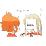  ... 2girls aquila_(kantai_collection) blonde_hair chibi covered_face graf_zeppelin_(kantai_collection) high_ponytail italian kantai_collection lowres marker multiple_girls no_hat no_headwear orange_hair paper paper_on_head rebecca_(keinelove) sidelocks spoken_ellipsis translation_request twintails 