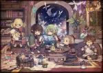  1girl 4boys apron blonde_hair book bookshelf bottle brown_hair carpet crescent_moon cup drink drinking_glass final_fantasy final_fantasy_xi fujiwara_akina glasses gloves green_hair hand_up indoors lantern magic moon multiple_boys night open_mouth pillow plant pointy_ears potted_plant reading sitting star_(sky) steam tarutaru two_side_up 