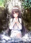  1girl :&gt; absurdres black_hair blush breasts closed_mouth eyebrows_visible_through_hair hairband highres leaf long_hair medium_breasts one_eye_closed original own_hands_together partially_submerged rinka_(yuyutei) robe scan solo standing very_long_hair violet_eyes water waterfall wet wet_clothes wet_hair 