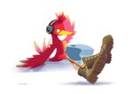  1girl adjusting_headphones artist_name banjo-kazooie beak bird_girl bird_tail boots brown_footwear closed_mouth crossed_legs dated eyelashes full_body furry green_eyes half-closed_eye hand_up headphones highres kazooie_(banjo-kazooie) logo looking_to_the_side one_eye_closed rareware sat-v12 signature simple_background sitting solo white_background 