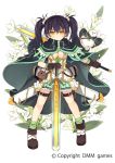  1girl bird black_hair breasts cape cleavage dual_wielding expressionless flower flower_knight_girl full_body gloves green_skirt kurasuke long_hair looking_at_viewer medium_breasts miniskirt object_namesake official_art olive_(flower_knight_girl) reverse_grip shoes skirt solo standing sword twintails weapon yellow_eyes 