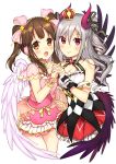  2girls :d absurdres angel_wings black_wings blush breasts brown_eyes brown_hair checkered checkered_dress choker cleavage crown demon_horns dress drill_hair frilled_dress frills grey_hair hair_ornament hair_ribbon hand_holding headset highres horns idolmaster idolmaster_cinderella_girls jewelry kakizato kanzaki_ranko lace long_hair looking_at_viewer mini_crown multiple_girls multiple_wings necklace ogata_chieri open_mouth red_eyes ribbon short_dress silver_hair sleeveless smile strapless strapless_dress twintails two_side_up wings wrist_cuffs 