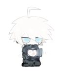  1boy ahoge android blue_eyes chibi dangan_ronpa heart keebo male_focus new_dangan_ronpa_v3 ponkotsu_(inumoyo) power_armor seiza short_hair simple_background sitting solo white_background white_hair 