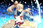  1boy bow_(weapon) fire_emblem fire_emblem_if fur_trim fuujin_yumi gloves grey_hair highres long_hair male_focus nanatu0 petals ponytail takumi_(fire_emblem_if) teeth weapon yellow_eyes yumi_(bow) 