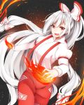  1girl fang fire fujiwara_no_mokou highres looking_at_viewer mameda_(artist) multi-tied_hair open_mouth pants red_eyes red_pants smile solo suspenders touhou white_hair 