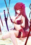  1girl adapted_costume bangs bare_shoulders bikini breasts cleavage collarbone dyolf fate/grand_order fate_(series) flower from_side gae_bolg gae_buidhe gae_dearg hair_flower hair_ornament hibiscus highres holster large_breasts long_hair looking_at_viewer looking_to_the_side navel partially_submerged planted_weapon purple_bikini purple_hair red_eyes sarong scathach_(fate/grand_order) scathach_(swimsuit_assassin)_(fate) solo stomach swimsuit thigh_holster very_long_hair weapon 