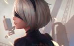  1girl artist_name blindfold blurry closed_mouth covered_eyes crane depth_of_field from_side hairband koyorin mole mole_under_mouth nier_(series) nier_automata portrait profile robot shiny shiny_hair short_hair silver_hair stitches yorha_unit_no._2_type_b 