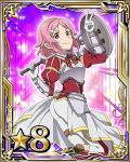  1girl breastplate card_(medium) hair_ornament hairclip holding holding_weapon lisbeth_(sao-alo) looking_at_viewer number one_leg_raised pink_hair pointy_ears red_eyes shield short_hair smile solo star sword_art_online v weapon 