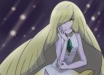  1girl arm_rest bare_shoulders blonde_hair dress green_eyes hair_over_one_eye hand_on_own_face highres long_hair looking_at_viewer lusamine_(pokemon) pokemon pokemon_(game) pokemon_sm runachikku sleeveless sleeveless_dress solo star sun very_long_hair white_dress 