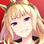  1girl aa-rance bangs blonde_hair blue_eyes cagliostro_(granblue_fantasy) close-up doyagao eyebrows_visible_through_hair face gradient gradient_background granblue_fantasy grin half-closed_eyes headpiece long_hair looking_at_viewer portrait red_background smile smug solo teeth 