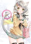  1girl :o animal animal_ears animal_on_shoulder background bag bell black_ribbon blush cat cat_ears cat_on_shoulder cat_tail cat_teaser cowboy_shot fish_hair_ornament green_eyes grey_hair hair_ornament hair_ribbon hairclip jingle_bell juna long_sleeves looking_at_viewer low_twintails miniskirt neckerchief open_mouth original paw_pose ribbon road_sign school_bag school_uniform serafuku shoulder_bag sign skirt solo tail tail_bell thigh-highs twintails zettai_ryouiki 