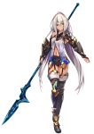  1girl absurdres baffu bare_shoulders blue_eyes breasts dark_skin garter_straps heterochromia highres holding holding_weapon long_hair looking_at_viewer navel original polearm silver_hair solo spear thigh-highs violet_eyes weapon 